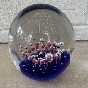 Paperweight Pink Bubbles, Cobalt Blue Base Large Art Glass 4” tall 3.75” wide